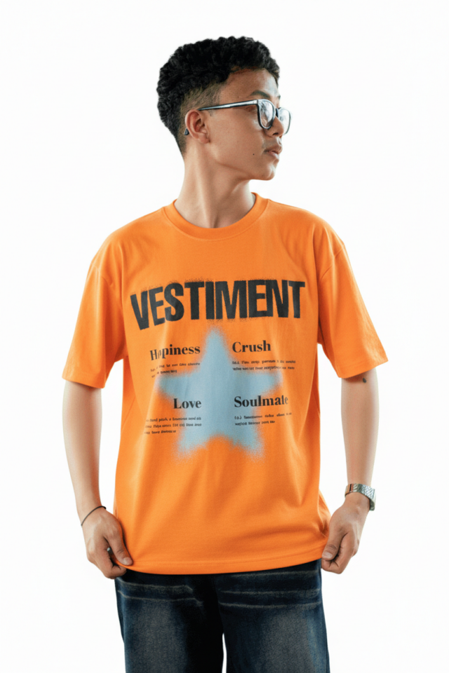 Çiçek Baskılı Oversize Turuncu Tshirt
