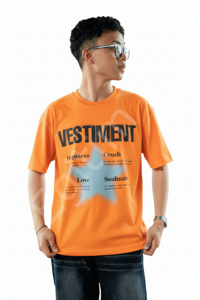 Çiçek Baskılı Oversize Turuncu Tshirt